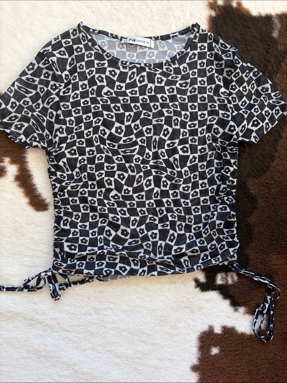 FB Sister Black & White Checkered Mesh Ruched Tie Crop Top
